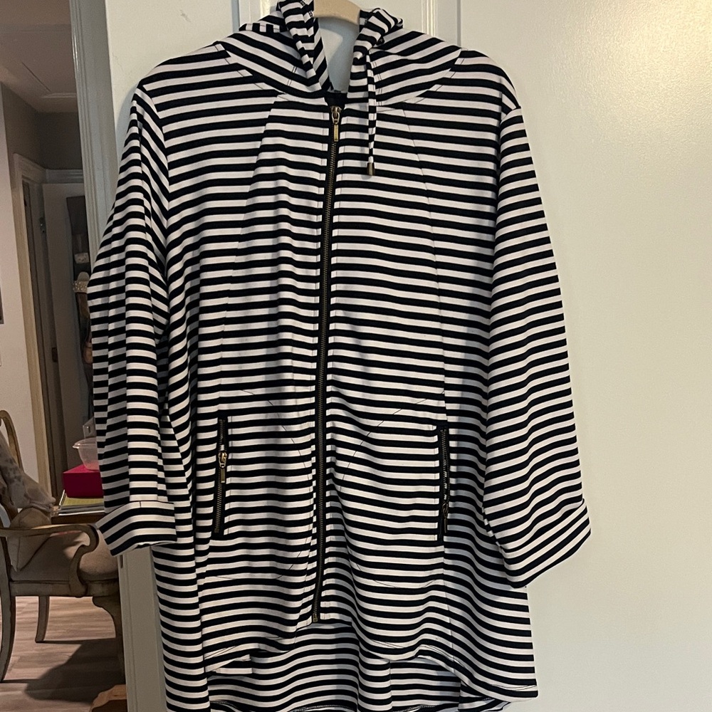 Christian Siriano Black and White Striped Hooded Zip Jacket